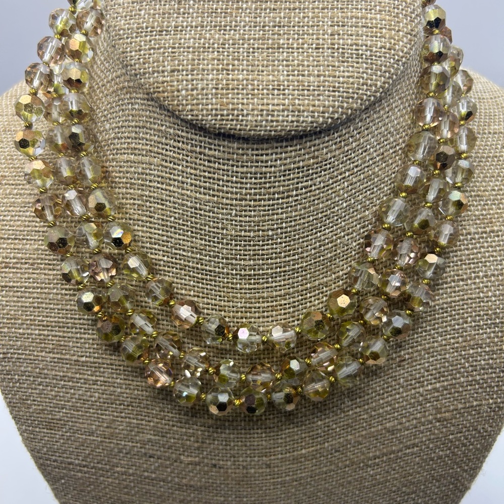 Golden AB Faceted 3-Stranded Crystal Bead Statement Necklace – Mid Century Glam